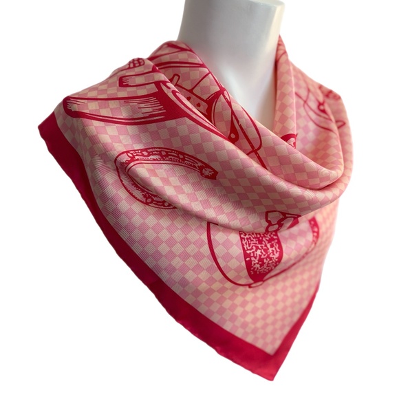 Equestrian Silk Scarf – Pink & White Check with Horse & Tack Design - Picture 6 of 10